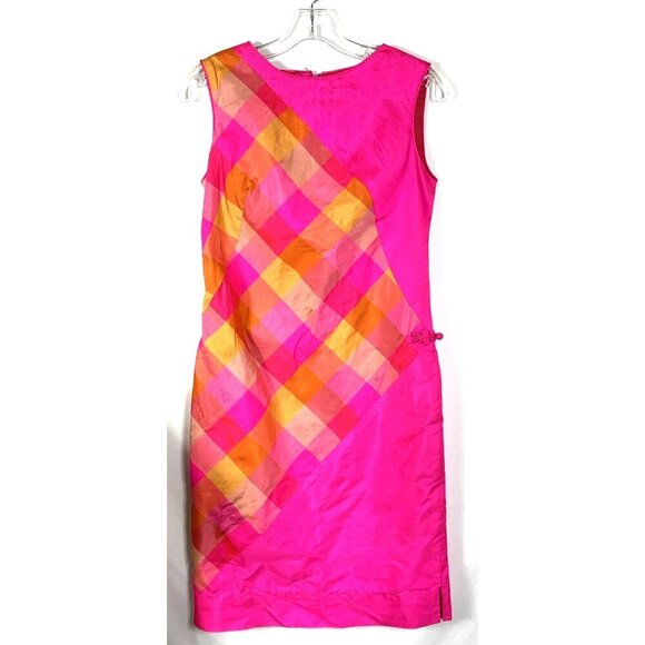 Andrade Honolulu Womens Hawaiian Dress Sz 8 Pink Checkered Silk Rayon Lined Vtg - Picture 1 of 8